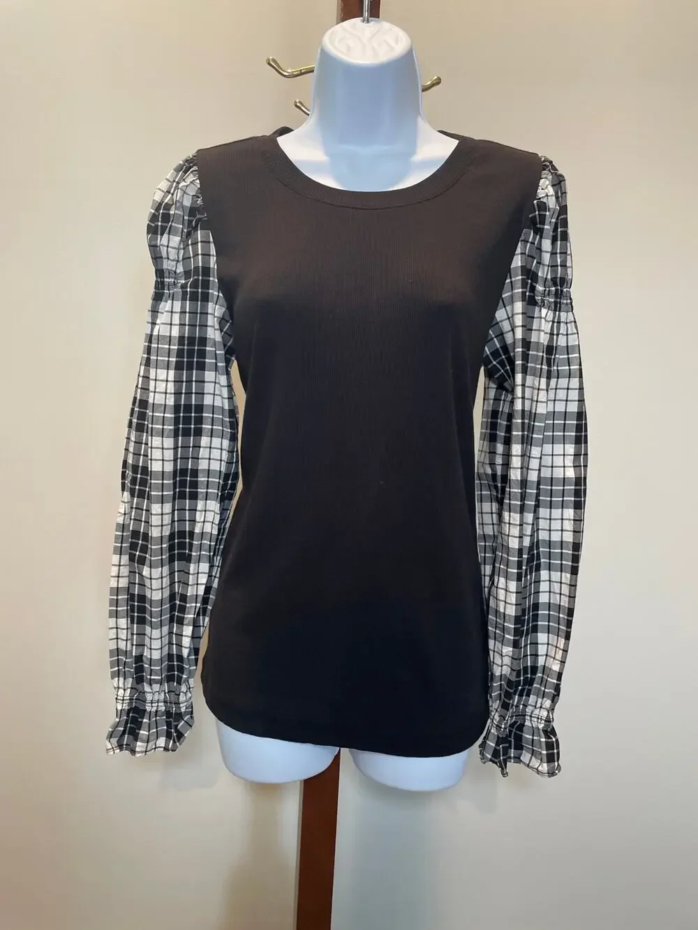 LOFT Black Knit Top Size M Plaid Puff Sleeves Cotton Blend Stretch